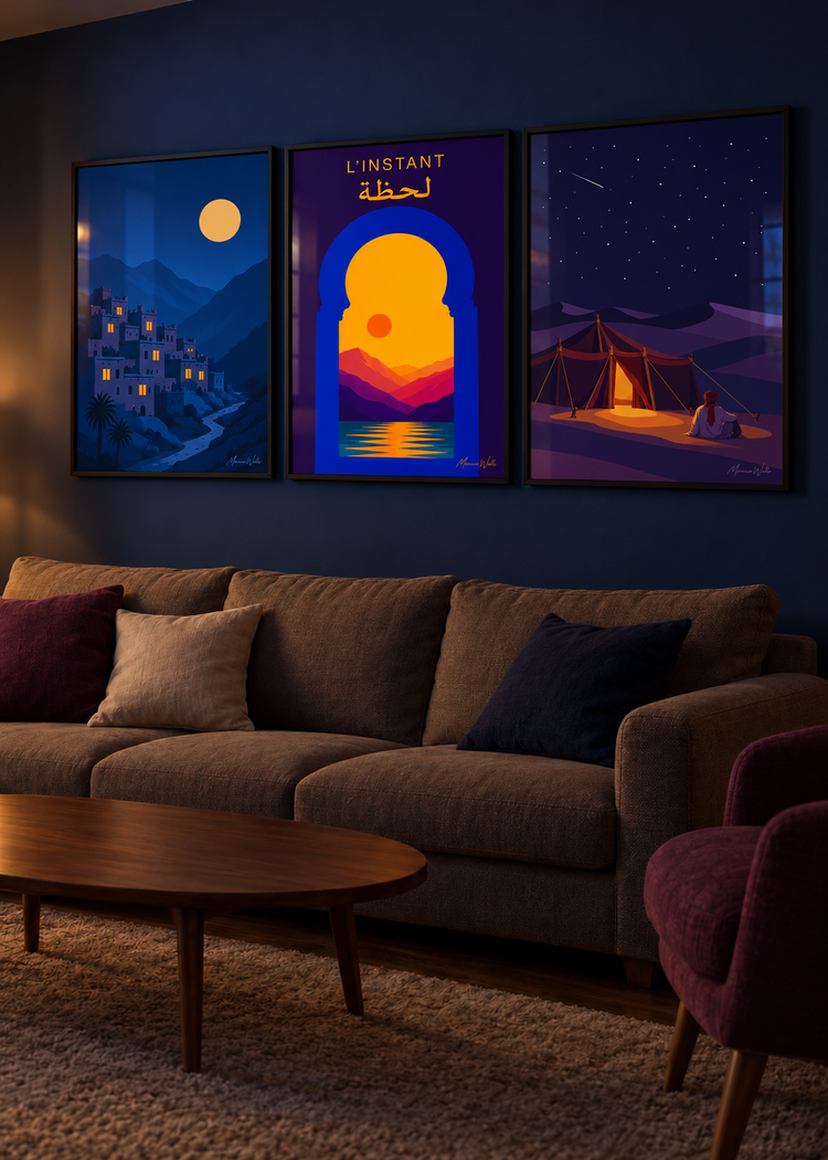 Composition murale Nocturnes : trois affiches Morocco Walls réunies dans un intérieur