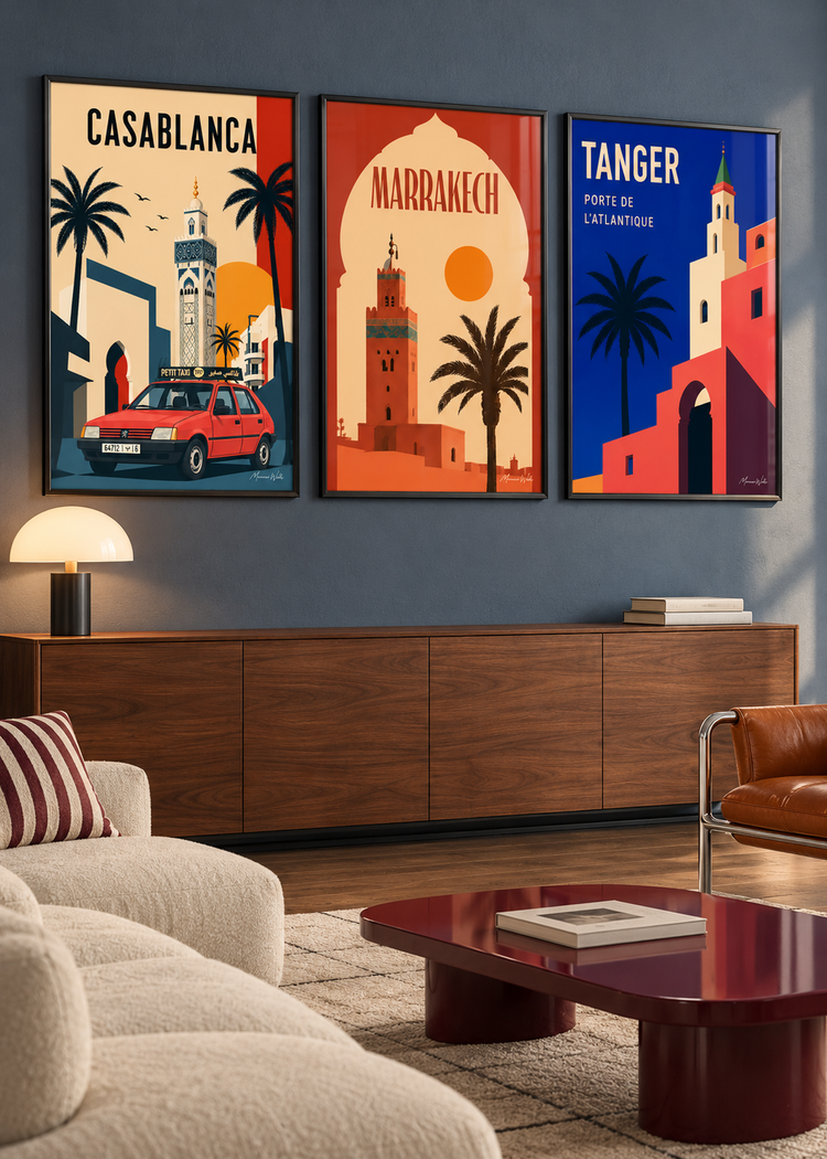 Composition murale Escales : trois affiches Morocco Walls réunies dans un intérieur