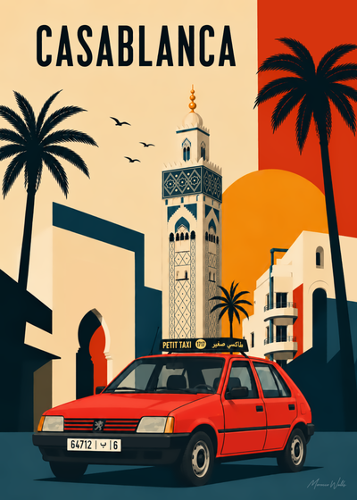 Affiche Casablanca Rétro, illustration d'art inspirée du Maroc, Morocco Walls