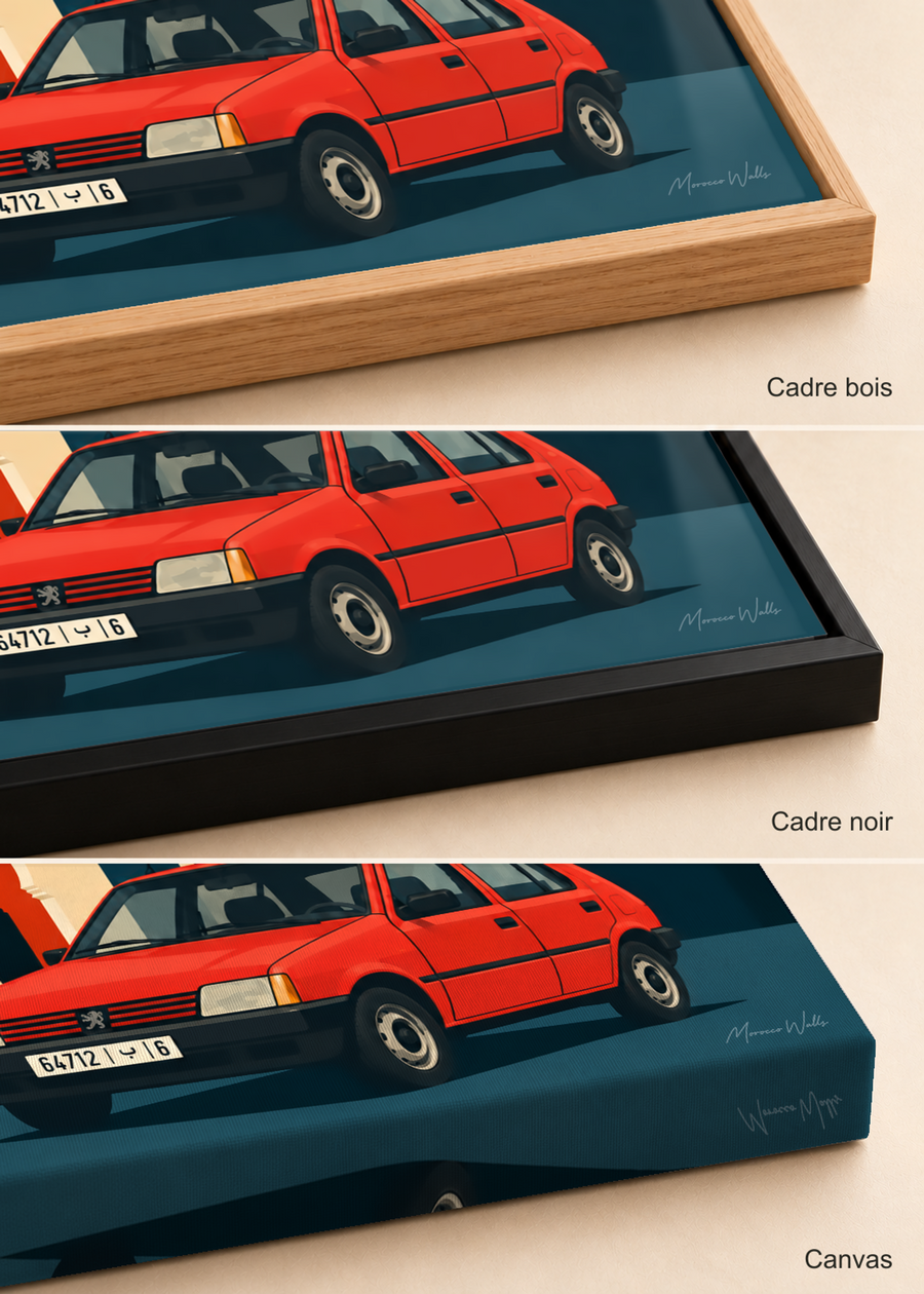 Comparatif des finitions de l'affiche Casablanca Rétro : cadre bois, cadre noir et canvas, Morocco Walls