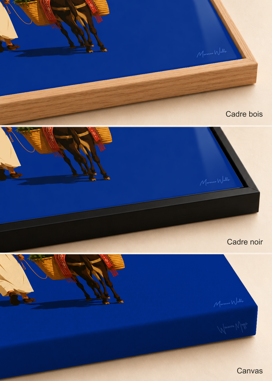 Comparatif des finitions de l'affiche Chemin d'Azur : cadre bois, cadre noir et canvas, Morocco Walls