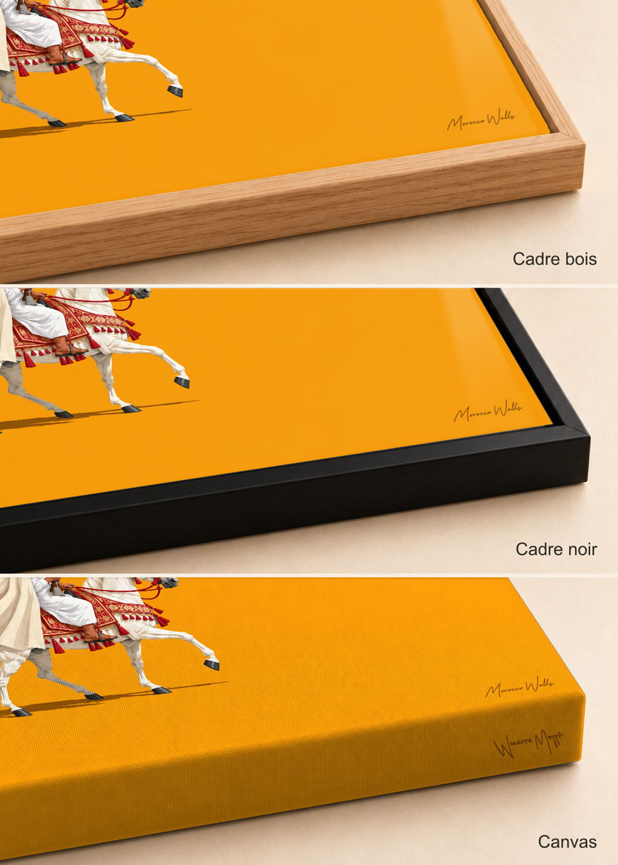 Comparatif des finitions de l'affiche Cavalier d'Ambre : cadre bois, cadre noir et canvas, Morocco Walls