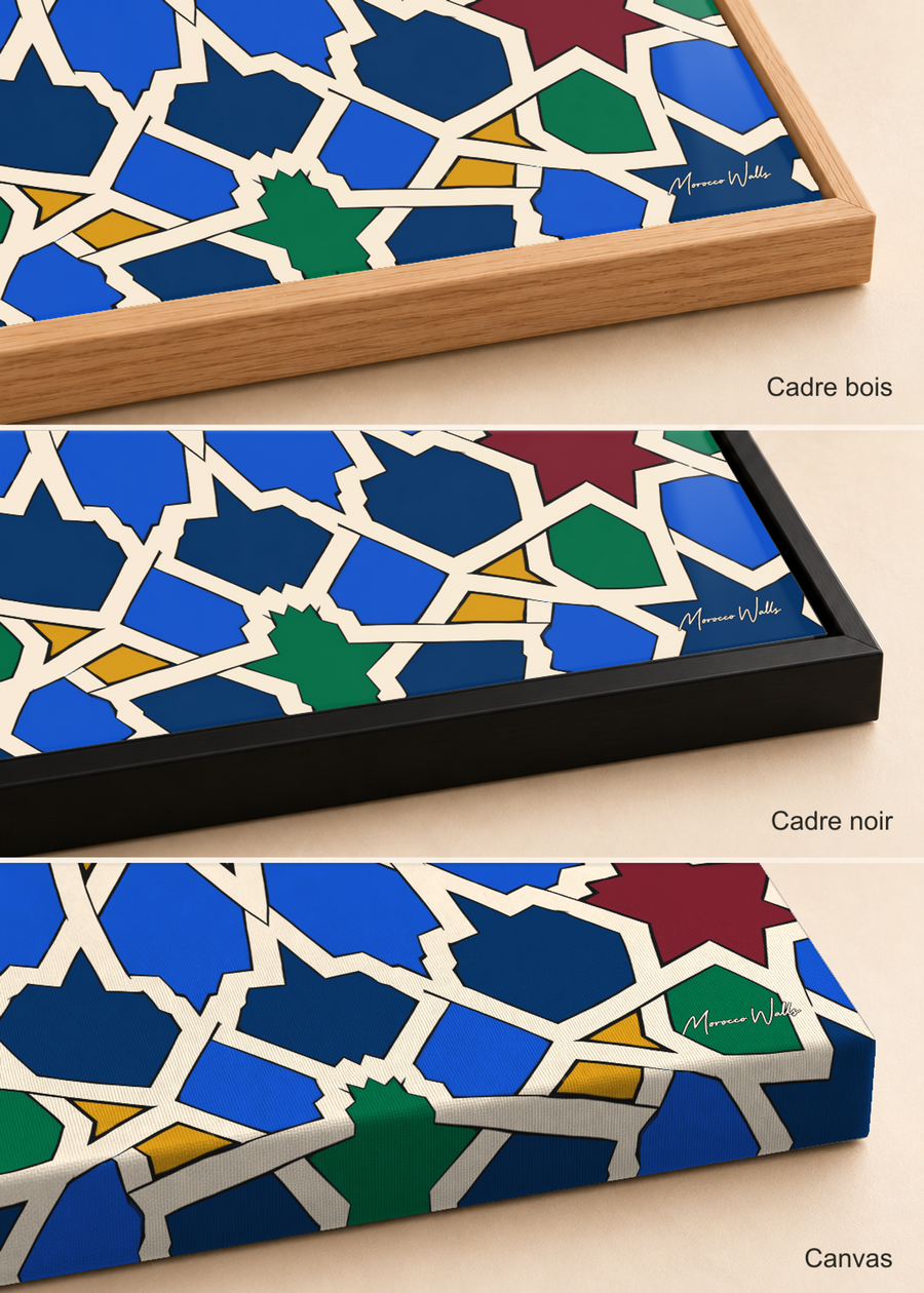 Comparatif des finitions de l'affiche Étoile de Fès : cadre bois, cadre noir et canvas, Morocco Walls