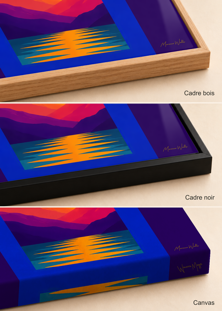 Comparatif des finitions de l'affiche L'Instant : cadre bois, cadre noir et canvas, Morocco Walls