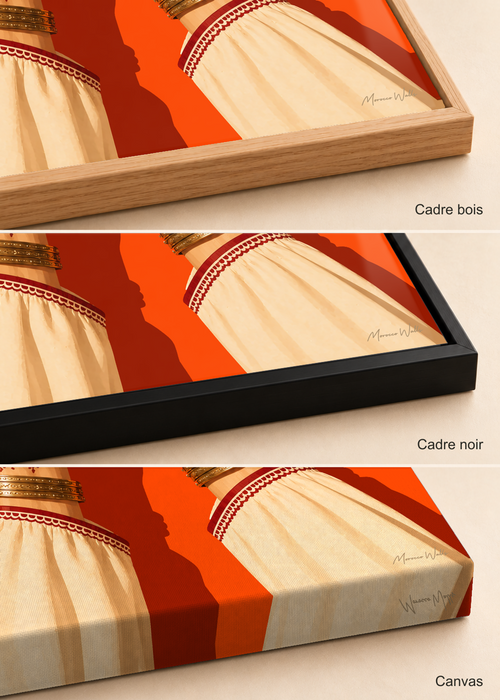 Comparatif des finitions de l'affiche Baraka : cadre bois, cadre noir et canvas, Morocco Walls