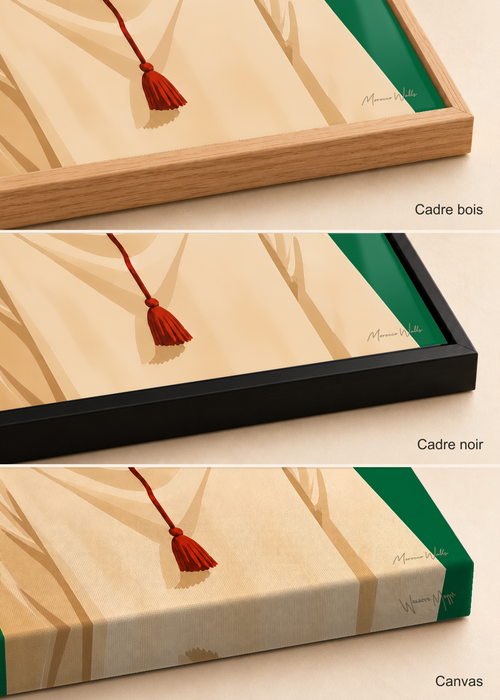 Comparatif des finitions de l'affiche Le Voyageur : cadre bois, cadre noir et canvas, Morocco Walls