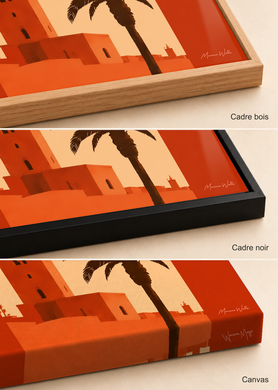 Comparatif des finitions de l'affiche Porte de Marrakech : cadre bois, cadre noir et canvas, Morocco Walls