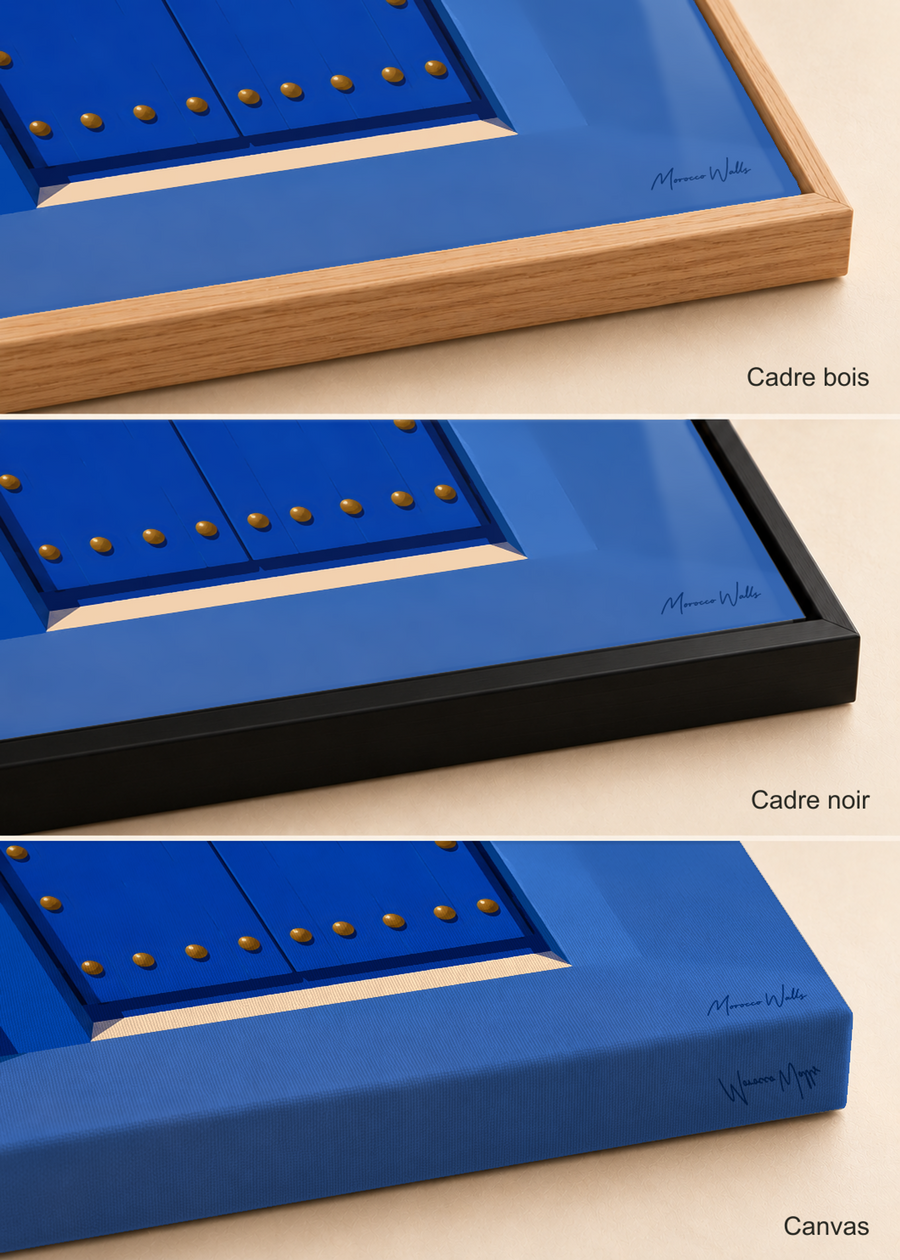Comparatif des finitions de l'affiche Porte du Dar : cadre bois, cadre noir et canvas, Morocco Walls
