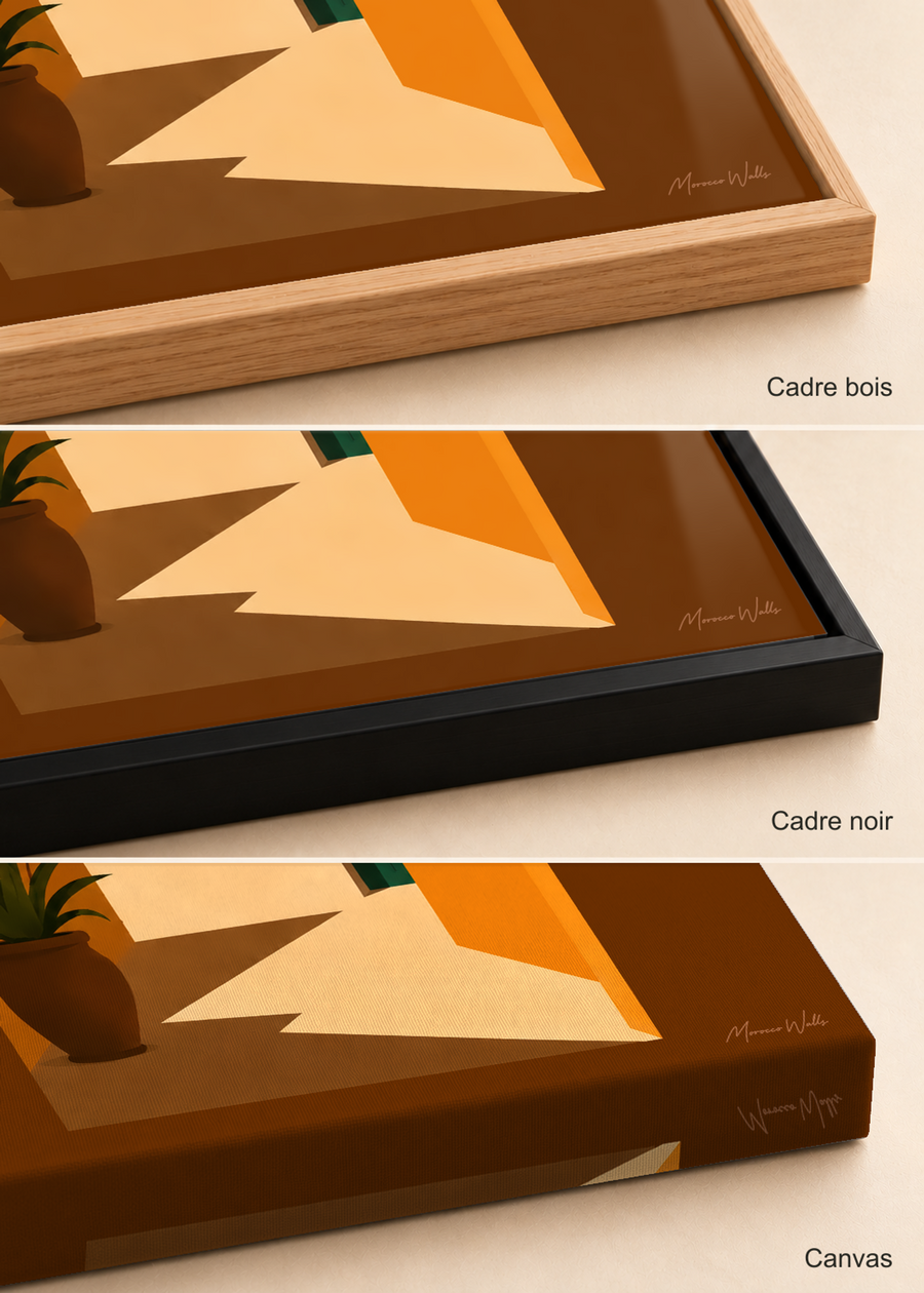 Comparatif des finitions de l'affiche Porte du Derb : cadre bois, cadre noir et canvas, Morocco Walls