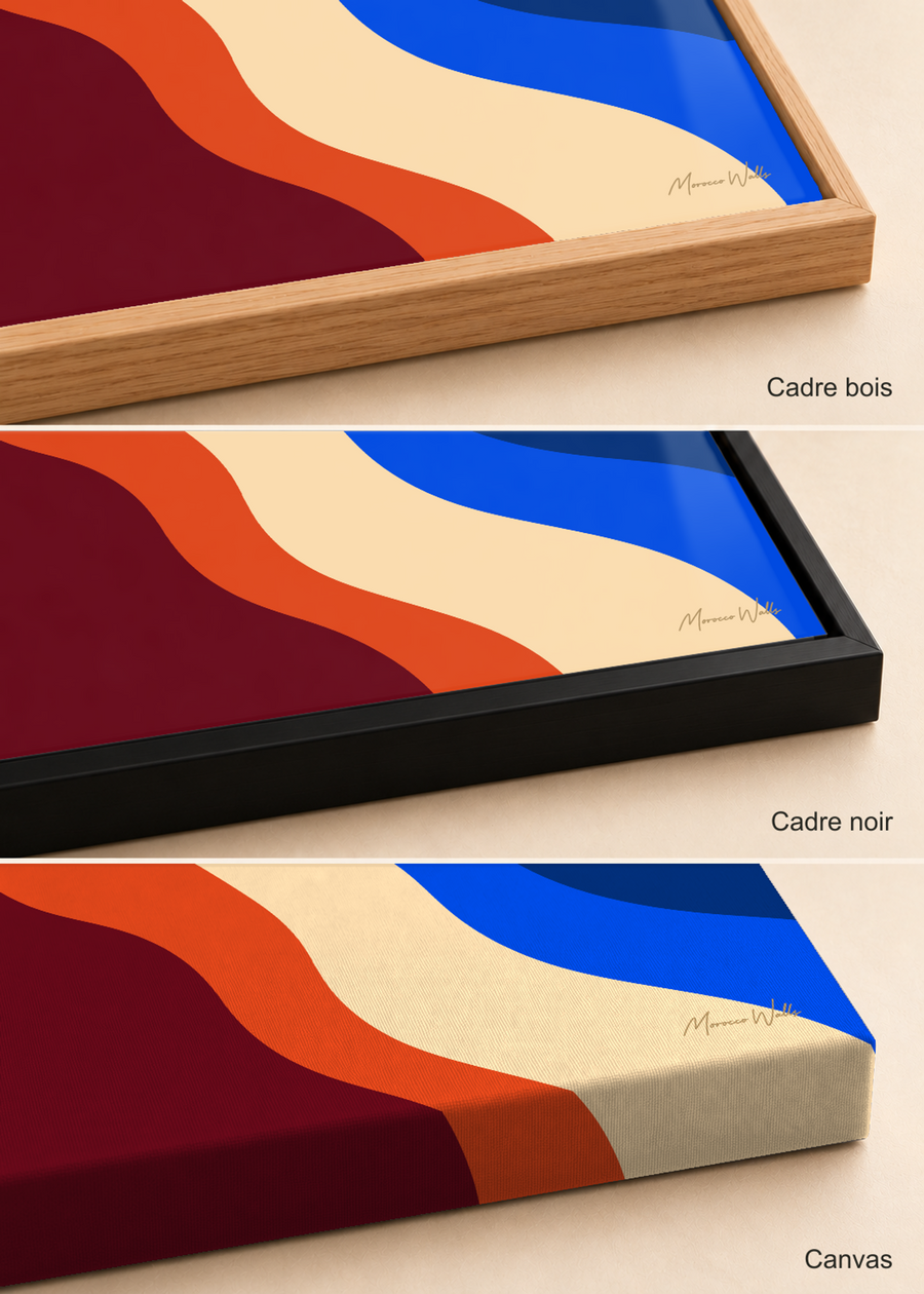 Comparatif des finitions de l'affiche Bleu Sahara : cadre bois, cadre noir et canvas, Morocco Walls