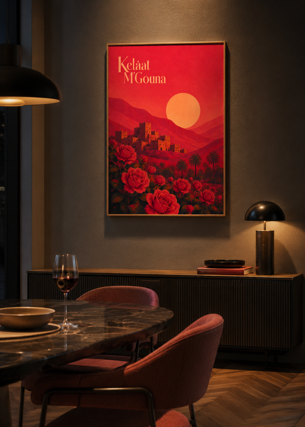 Affiche Vallée des Roses encadrée dans une salle à manger en lumière du soir