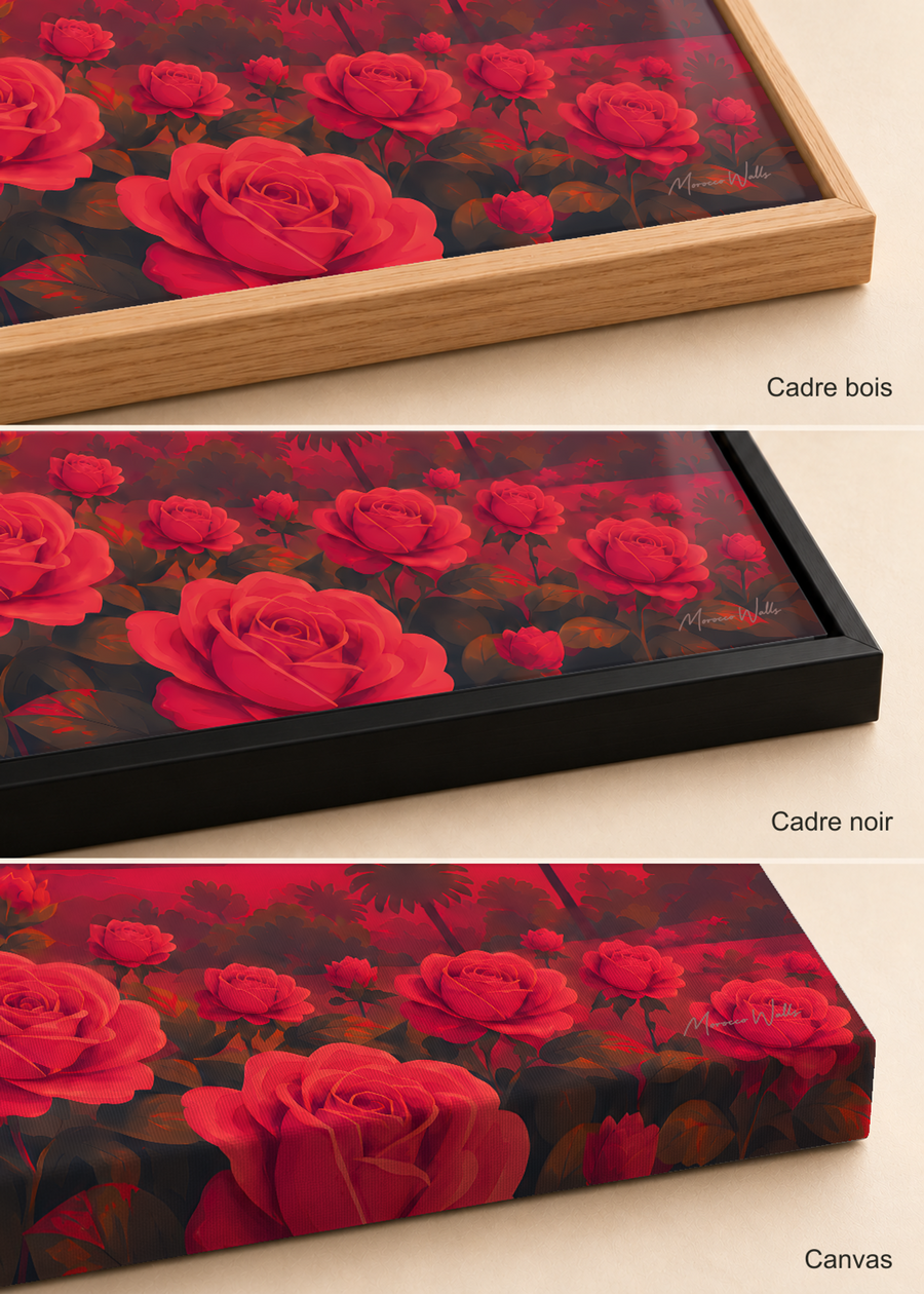Comparatif des finitions de l'affiche Vallée des Roses : cadre bois, cadre noir et canvas, Morocco Walls