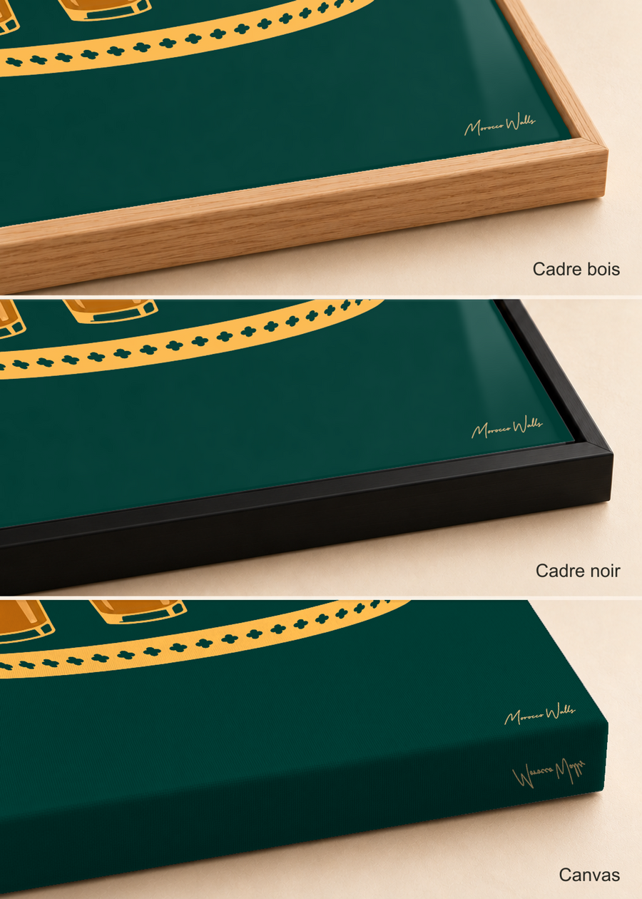 Comparatif des finitions de l'affiche Cérémonie : cadre bois, cadre noir et canvas, Morocco Walls