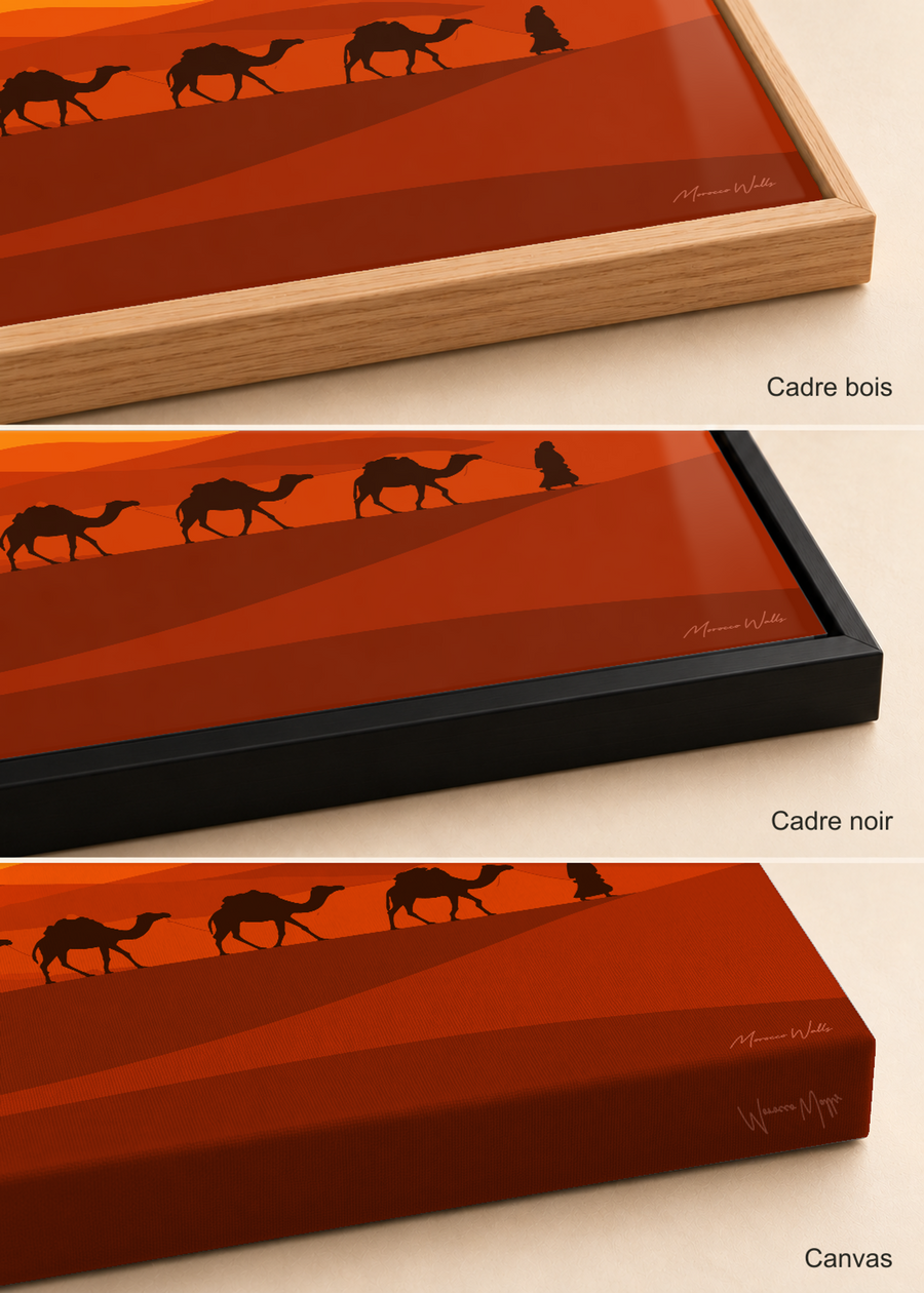 Comparatif des finitions de l'affiche La Traversée : cadre bois, cadre noir et canvas, Morocco Walls