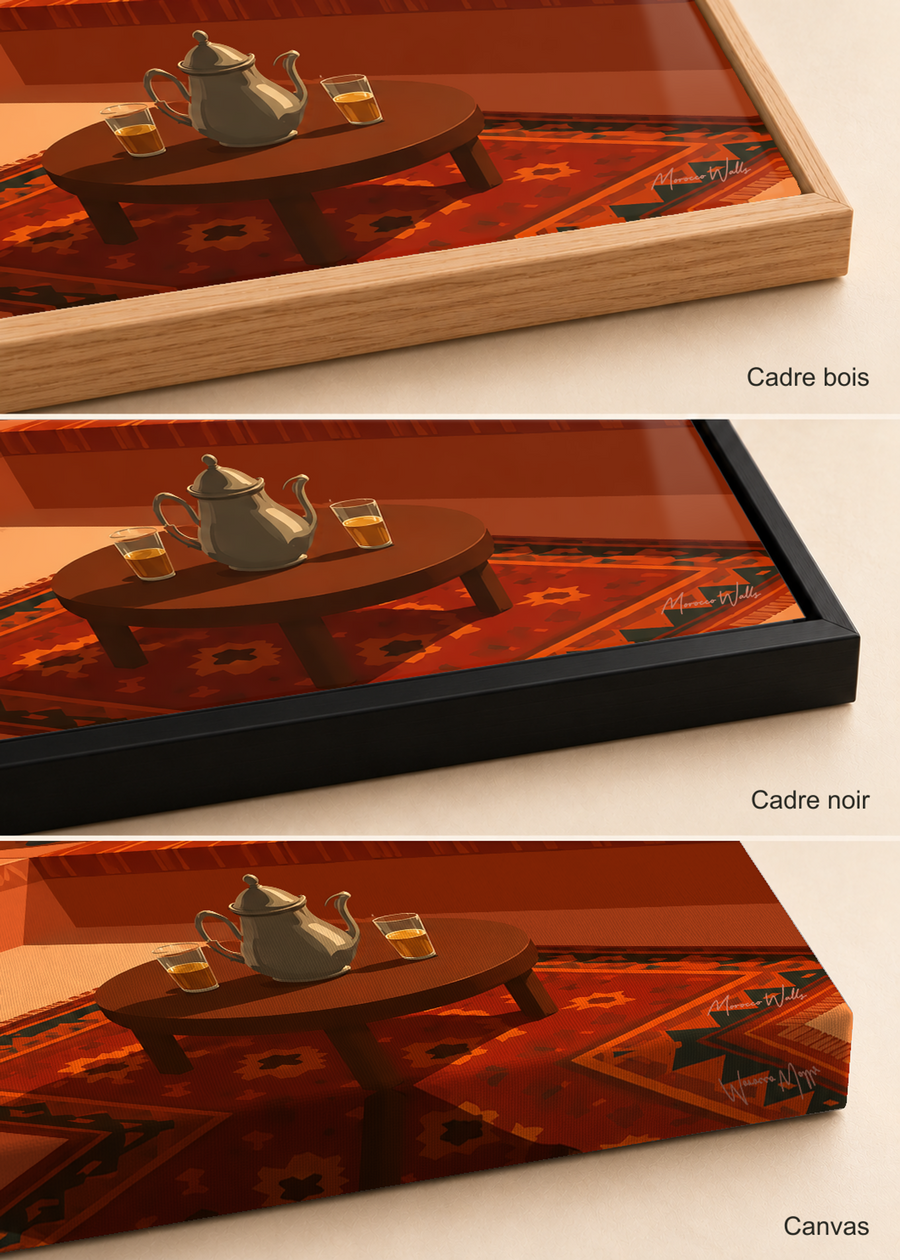 Comparatif des finitions de l'affiche Racines : cadre bois, cadre noir et canvas, Morocco Walls
