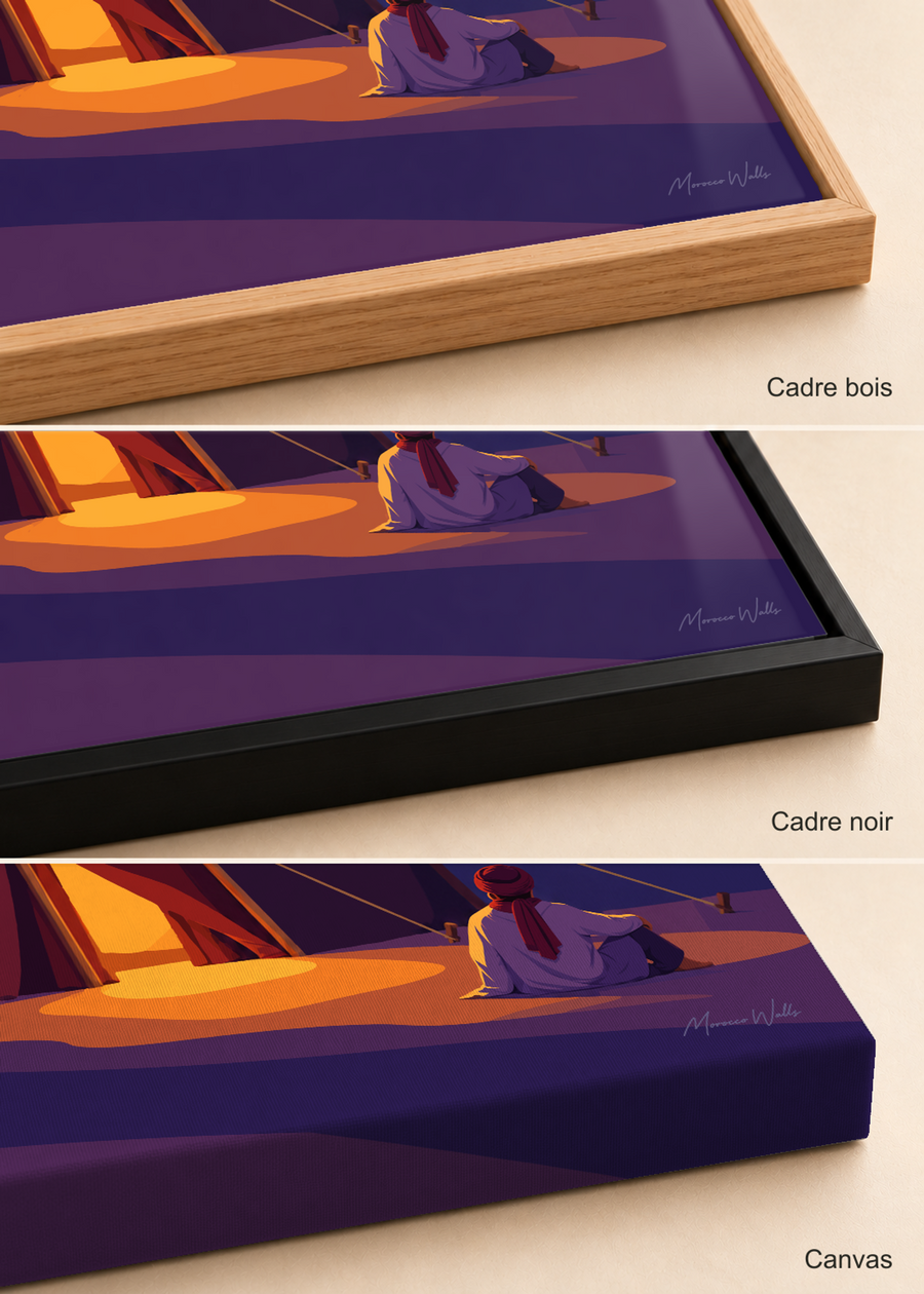 Comparatif des finitions de l'affiche L'Heure Suspendue : cadre bois, cadre noir et canvas, Morocco Walls
