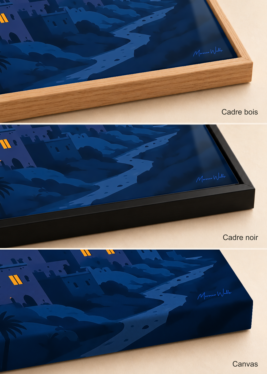 Comparatif des finitions de l'affiche L'Heure Bleue : cadre bois, cadre noir et canvas, Morocco Walls