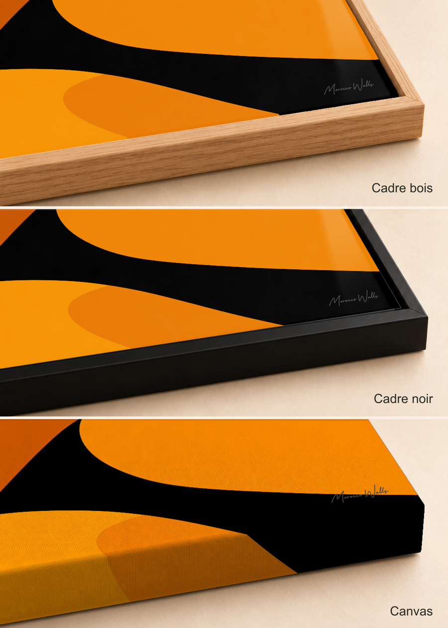 Comparatif des finitions de l'affiche Dunes : cadre bois, cadre noir et canvas, Morocco Walls