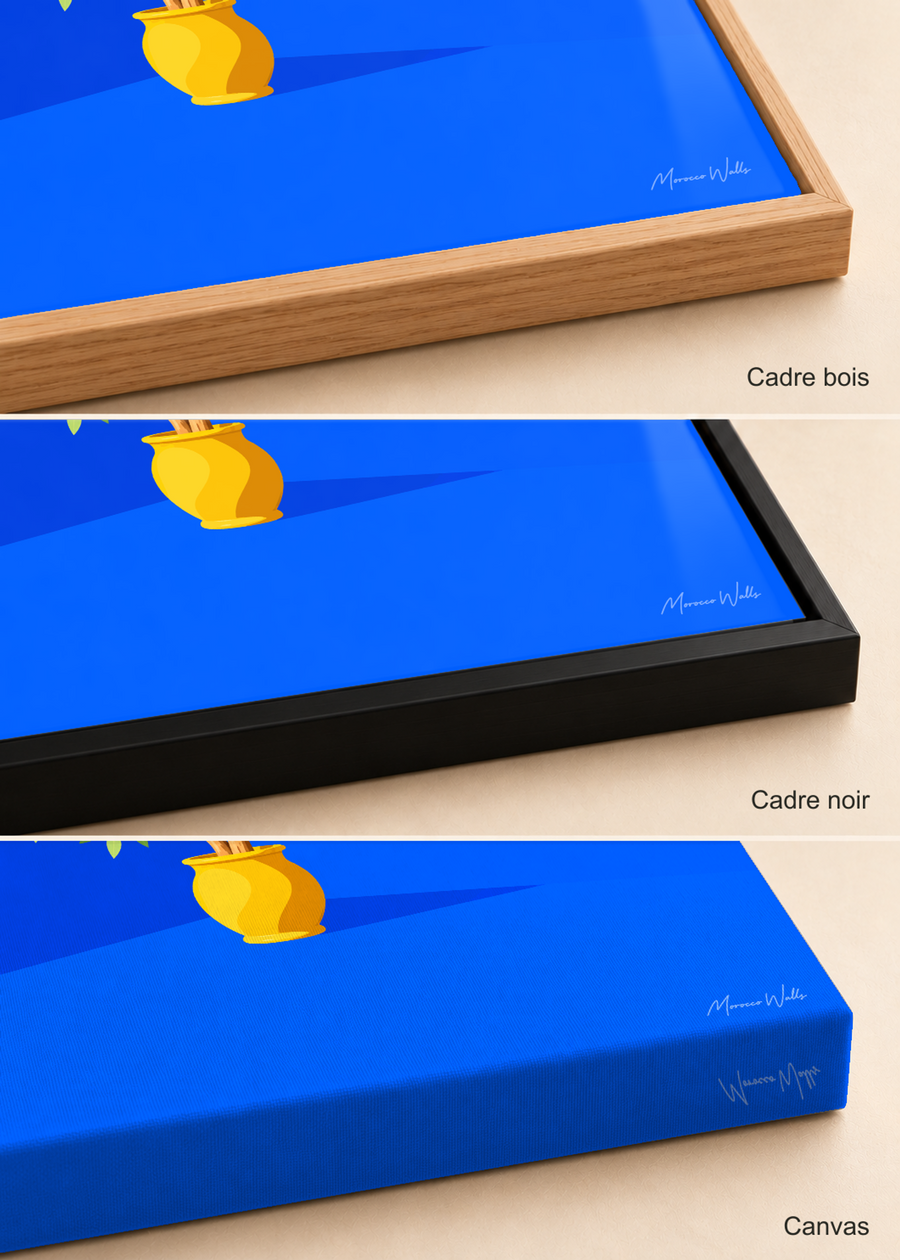 Comparatif des finitions de l'affiche L'Olivier : cadre bois, cadre noir et canvas, Morocco Walls
