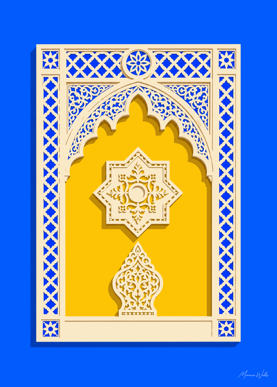 Affiche L'Arche d'Or : arche marocaine ciselée ivoire sur fond jaune et bleu, illustration d'art inspirée du Maroc, Morocco Walls