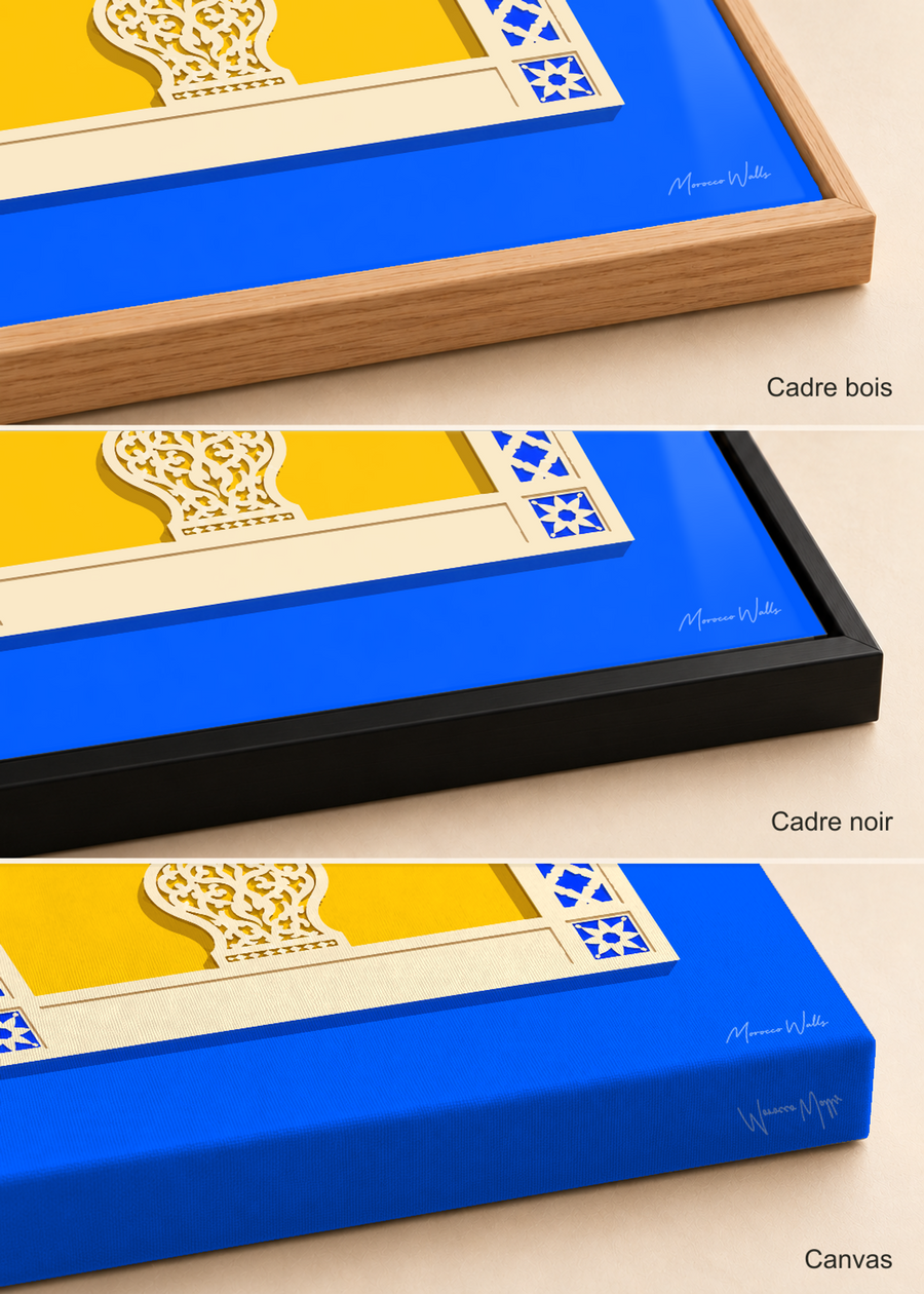 Comparatif des finitions de l'affiche L'Arche d'Or : cadre bois, cadre noir et canvas, Morocco Walls