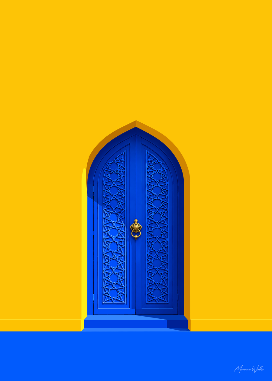 Affiche Porte du Soleil : porte marocaine bleue sur un mur jaune, illustration d'art inspirée du Maroc, Morocco Walls