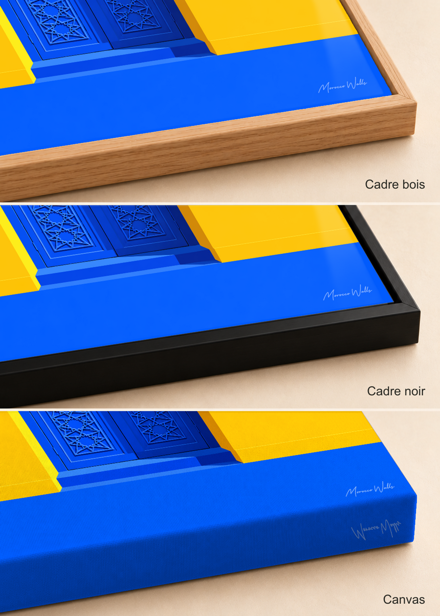 Comparatif des finitions de l'affiche Porte du Soleil : cadre bois, cadre noir et canvas, Morocco Walls