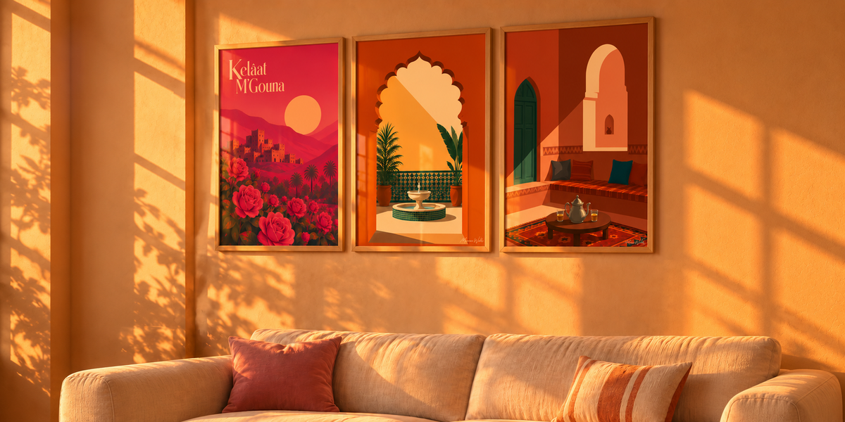Composition murale Origine : Vallée des Roses et deux scènes de riad dans un salon baigné de soleil
