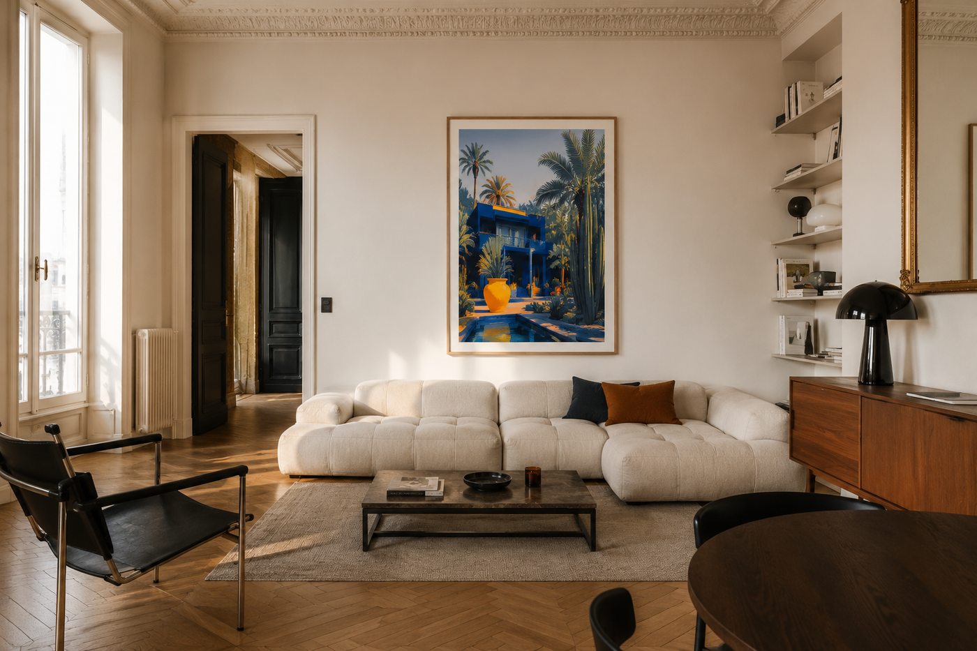 Intérieur contemporain épuré avec une affiche Morocco Walls