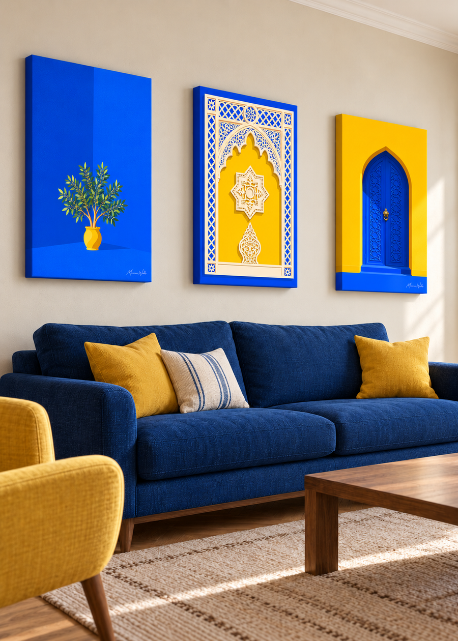 Composition murale Le Jardin Bleu : trois affiches Morocco Walls réunies dans un intérieur