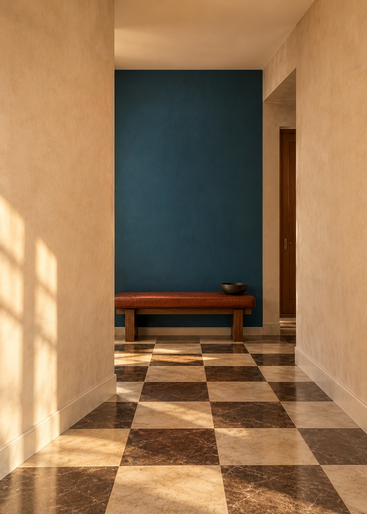 Intérieur avant l'accrochage de la composition L'Échappée, mur encore nu