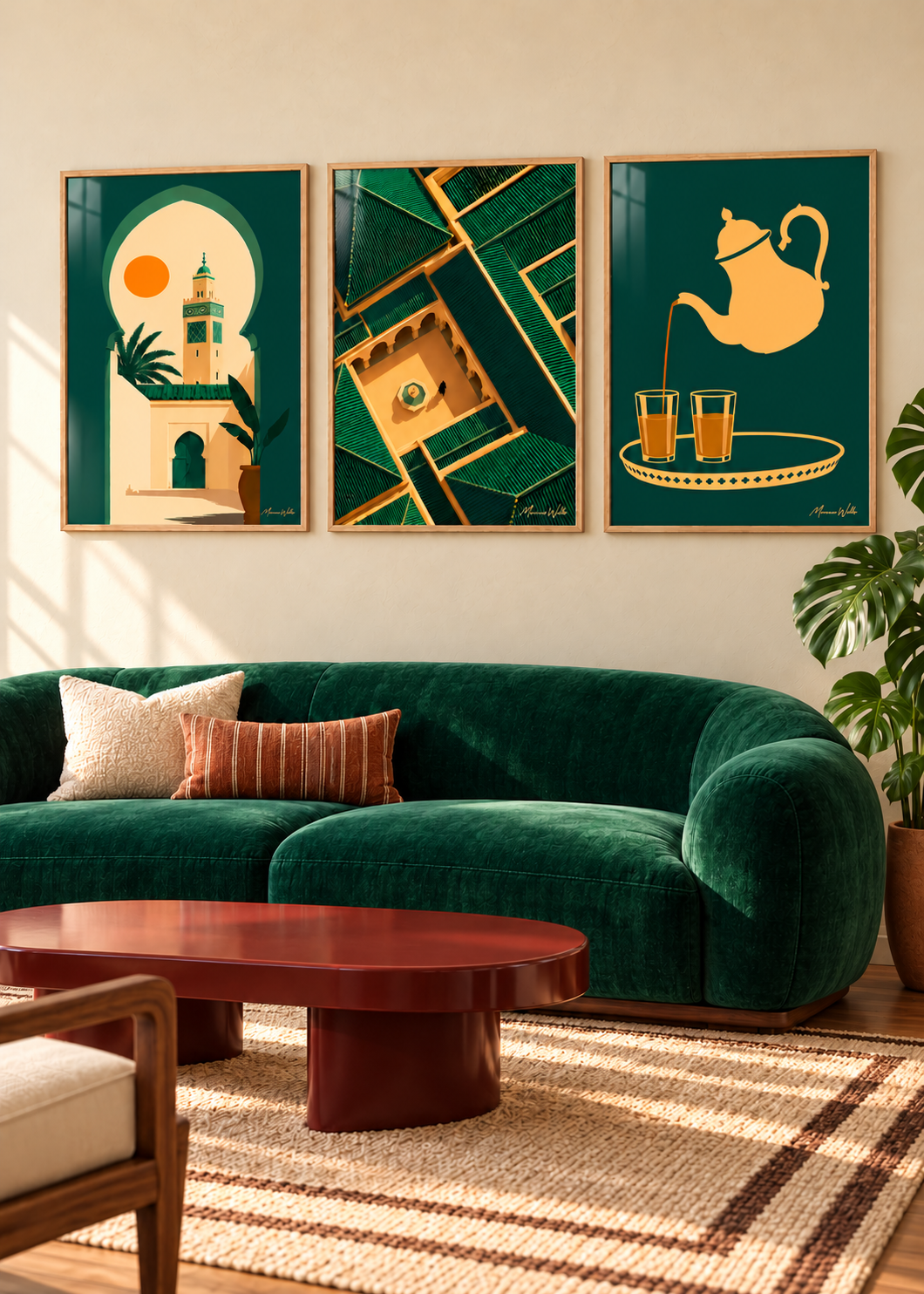 Composition murale Héritage Émeraude : trois affiches Morocco Walls réunies dans un intérieur