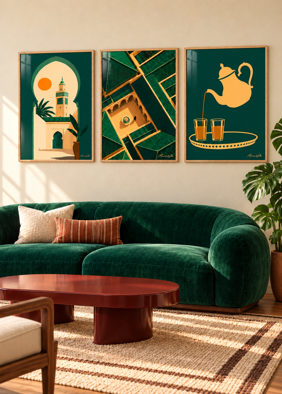 Composition murale Héritage Émeraude : trois affiches Morocco Walls réunies dans un intérieur