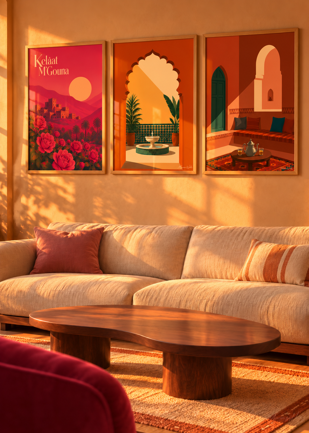 Composition murale Origine : trois affiches Morocco Walls réunies dans un intérieur