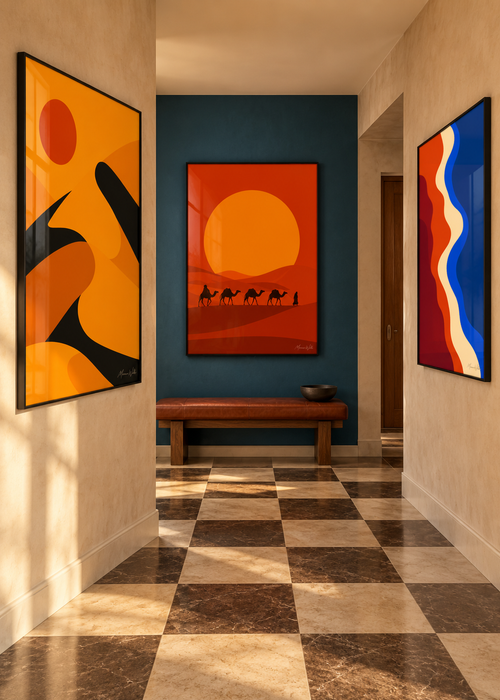 Composition murale L'Échappée : trois affiches Morocco Walls réunies dans un intérieur