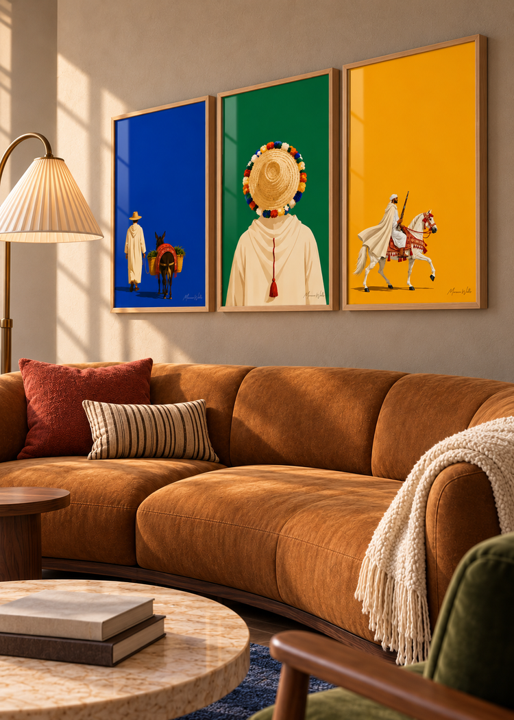 Composition murale Les Trois Départs : trois affiches Morocco Walls réunies dans un intérieur