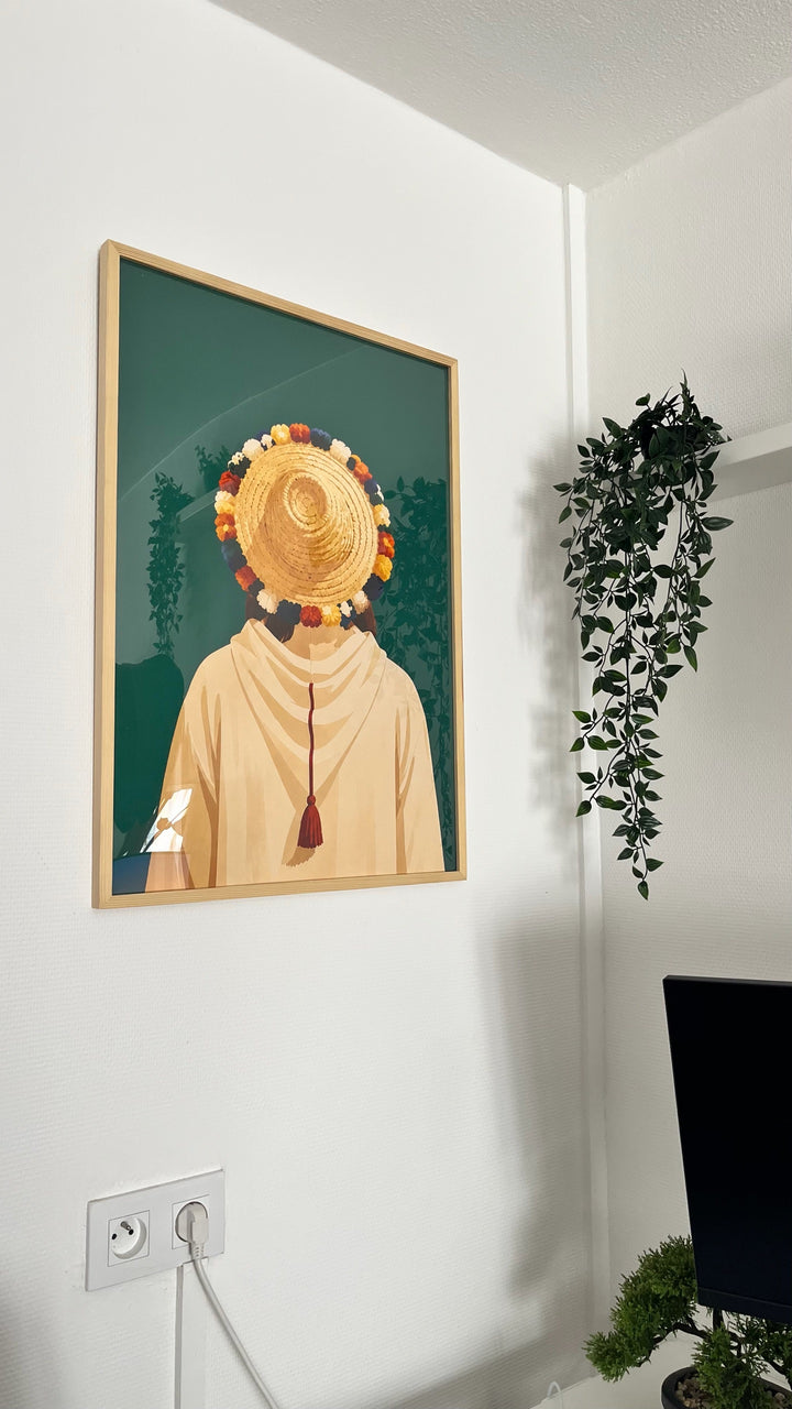 Affiche Morocco Walls sur fond vert, cadre bois, accrochée dans une entrée
