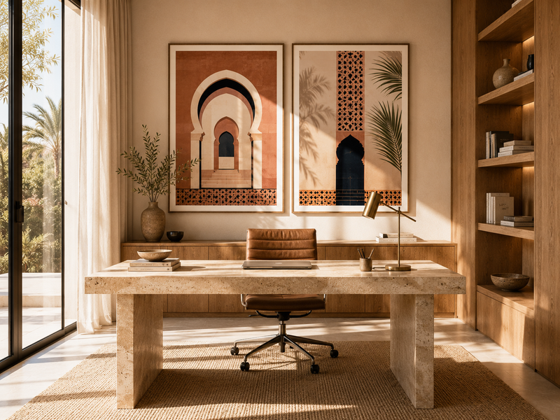 Bureau avec affiche Morocco Walls — poster Maroc espace de travail