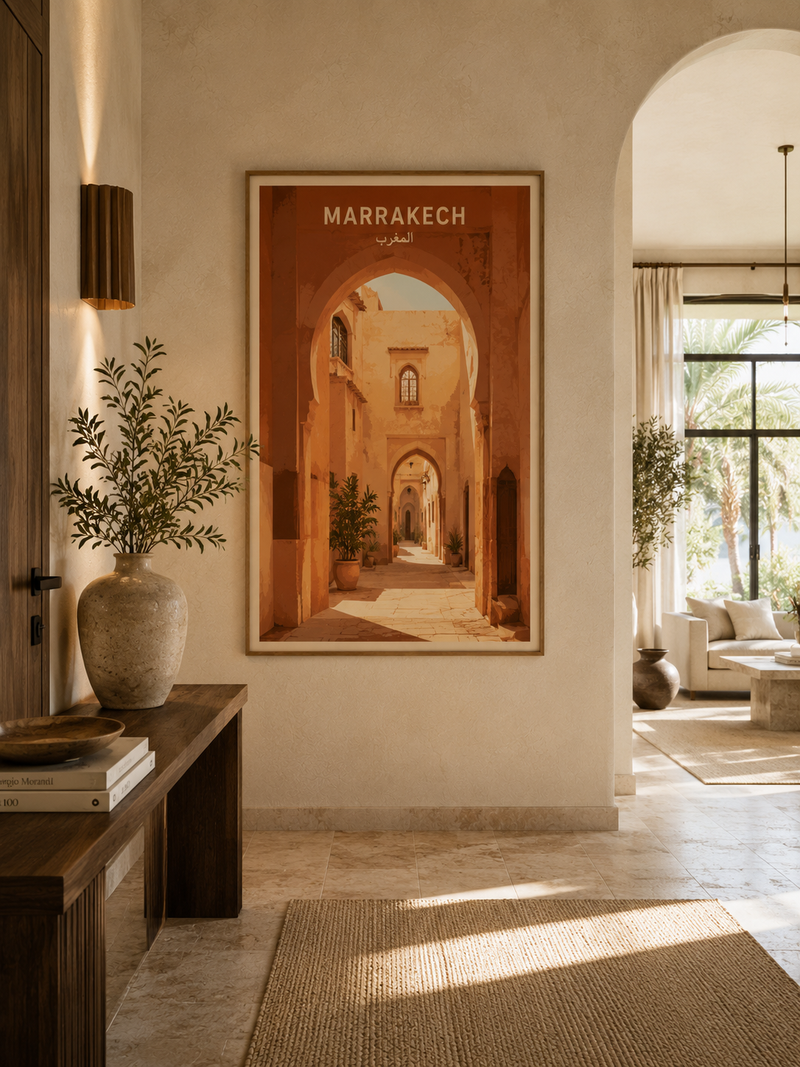 Entrée avec affiche Morocco Walls — décoration couloir marocaine