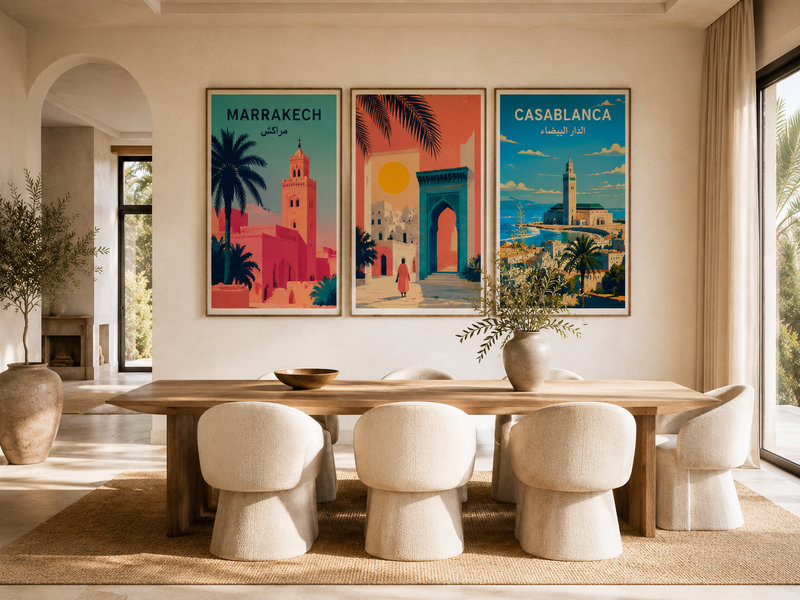 Salle à manger avec affiche Morocco Walls — décoration marocaine