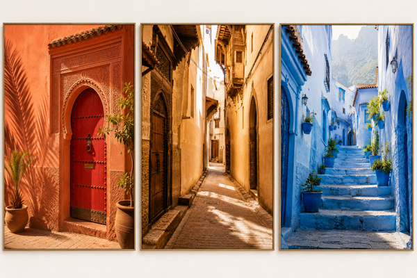 Triptyque Médinas — Marrakech, Fès & Chefchaouen | Pack Morocco Walls